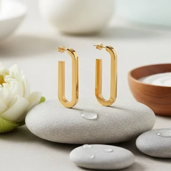 Sleek 18K Gold Plated Stainless Steel Modern U-Shape Statement Earrings - Picture 6 of 14